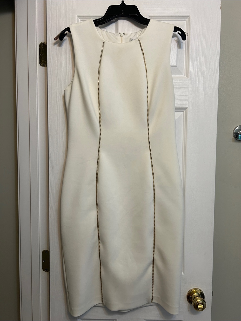 Calvin Klein Sleeveless Cream Sheath Dress with Gold Trim